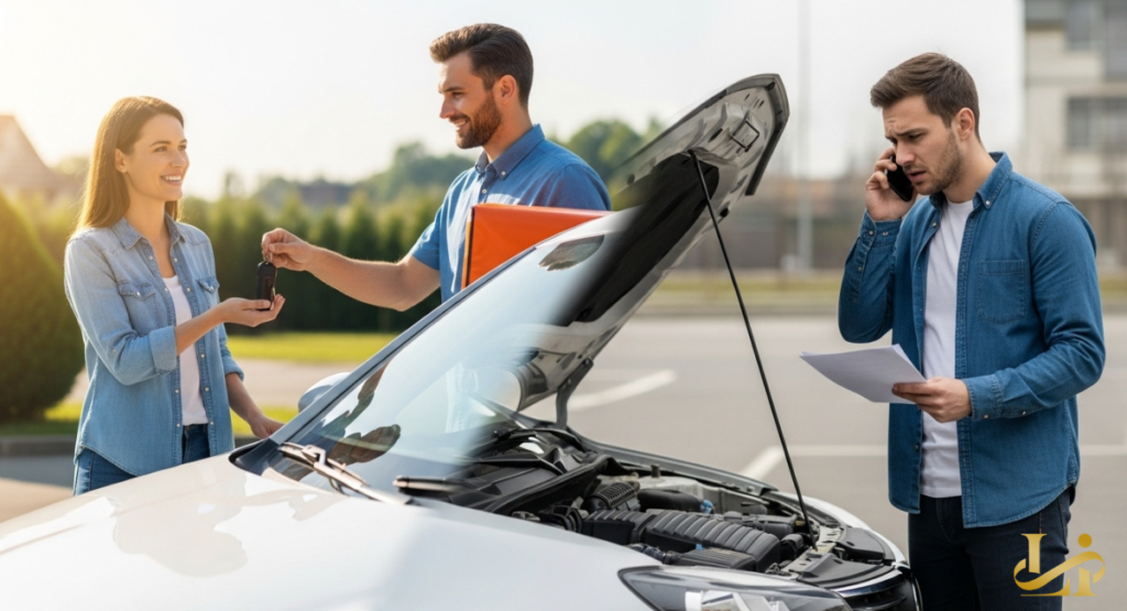 A split-screen illustration showing a happy woman receiving car keys from a delivery person and a frustrated man on the phone.