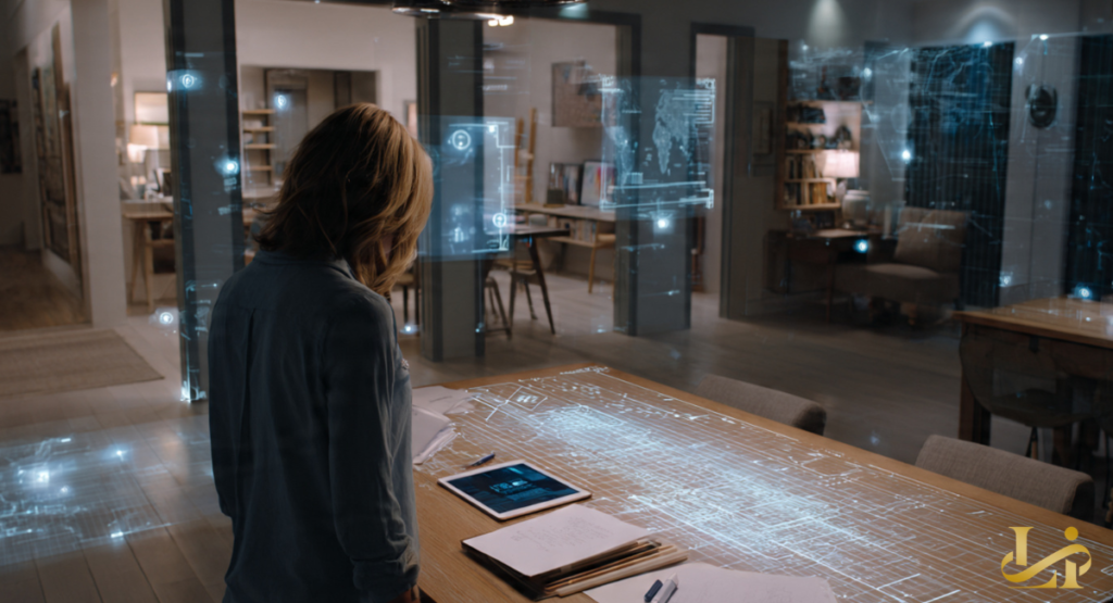 Woman reviews holographic data projections and case files in a modern home office, with world maps, timelines, and evidence nodes floating over a wooden table.