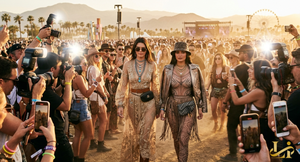 igh-fashion portraits of influential style icons wearing bohemian-chic outfits and designer sunglasses in a desert setting. The background features blurred festival tents and art installations.