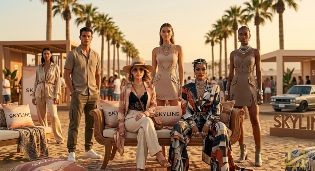 Six people pose with a wooden 'SKYLINE' bench on a sandy beach. Emma Roberts sits centrally on the bench, flanked by friends and a model in a patterned outfit.