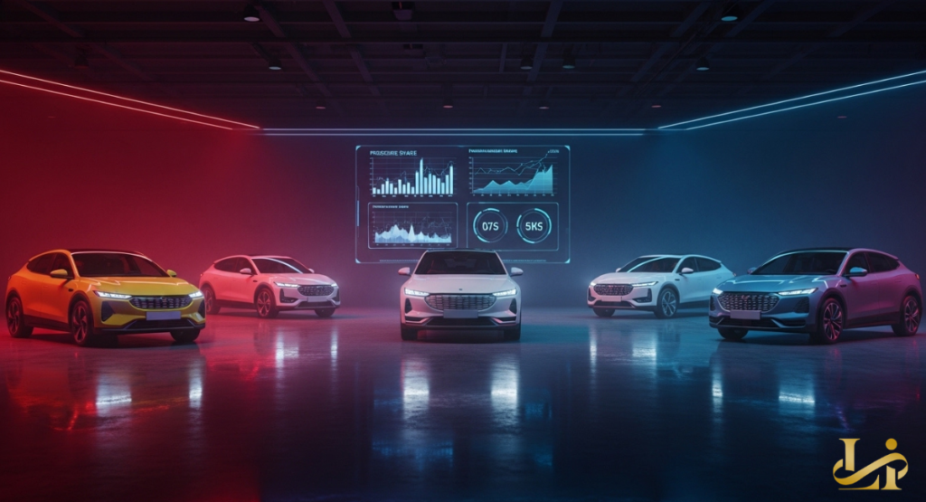 Five rival EV SUVs in yellow, white, and blue face off in a dark studio under red and blue lighting. A wall display compares market share, specs, and pricing to highlight competitive pressure.