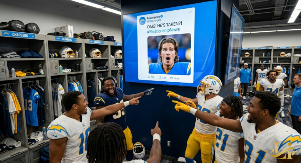 Chargers players in the locker room point and laugh at a large screen showing a team tweet that reads “OMG! HE’S TAKEN?!”