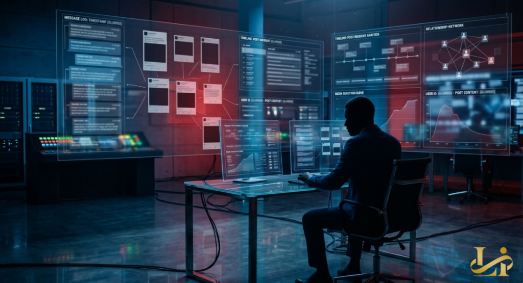 Analyst reviews holographic message logs, timelines, and relationship network maps in a dim control room as data screens highlight post-incident analytics and media reaction curves.