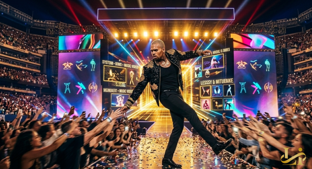 A solo performer in a sequined jacket reaches down from a stage runway to touch the hands of fans in the front row.