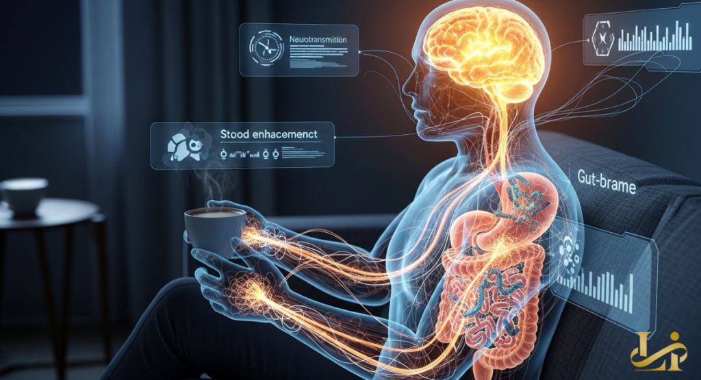 Semi-transparent person holds a coffee mug while glowing neural pathways link a bright brain to the digestive system, with panels for “Neurotransmission” and “Mood enhancement.”