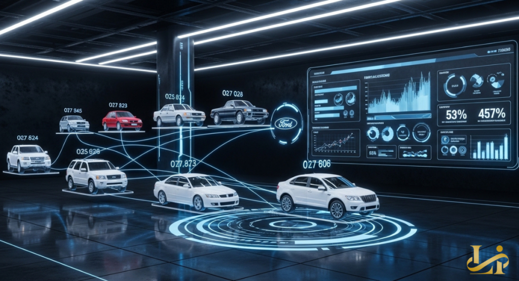 Futuristic showroom with multiple Ford trucks and SUVs displayed on platforms, connected by blue light trails to a large data dashboard showing recall statistics.