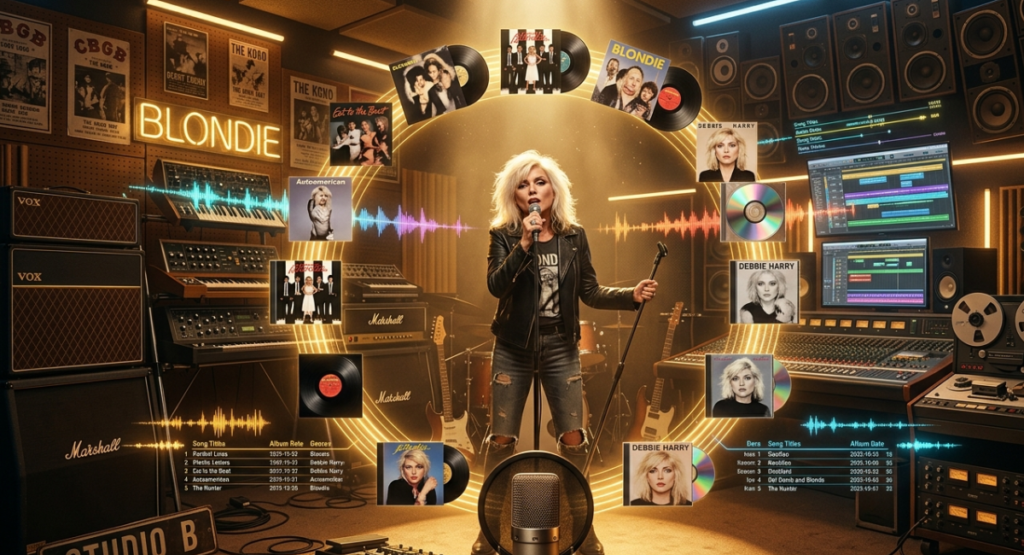 Singer in leather jacket and ripped jeans performs in a neon-lit studio surrounded by album art. Blondie vinyls, solo records, and digital audio waveforms arc around vintage amps and synthesizers.