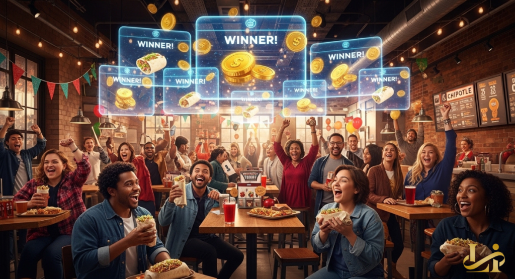 Crowd cheers under floating “WINNER!” panels and gold coins. People hold burritos in a decorated Chipotle during a prize celebration.