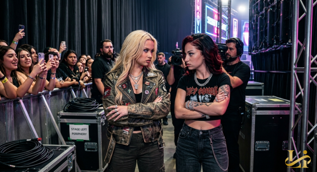 Two young women stand backstage with their arms crossed, looking at each other with intense, serious expressions.