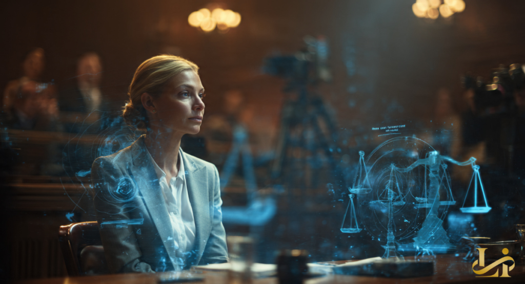 Woman in a gray blazer sits in a wood-paneled courtroom as holographic scales of justice and data projections float before cameras and blurred attorneys in the background.