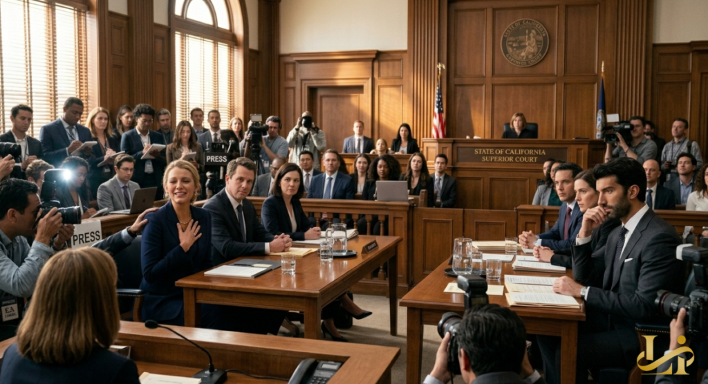 A close-up of a judge’s hand holding a wooden gavel mid-strike against a sounding block. In the background, a blurred figure in a suit stands before a courtroom bench under bright, fluorescent lights.