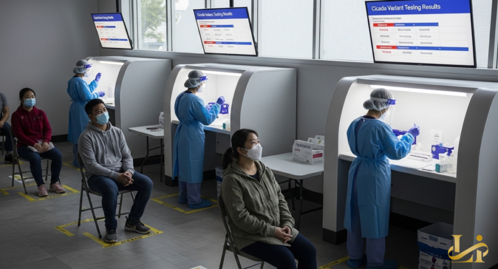 People in masks wait in spaced chairs while technicians in PPE process samples at booths. Screens above display variant testing results and queue information.