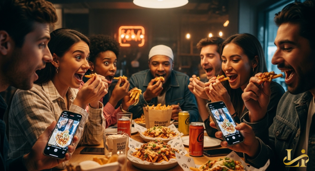 Two friends sitting at a colorful table, laughing while sharing a large tray of loaded fries and holding soft drinks.