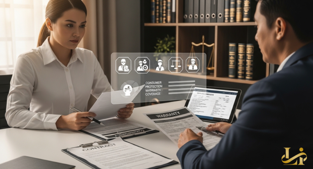 Legal advisor reviews warranty documents with a client in a law office, while a holographic panel shows “Consumer Protection Warranty Coverage” icons and contract details.