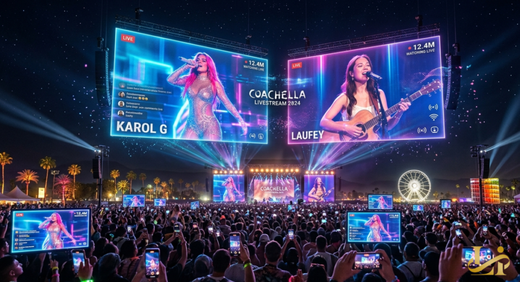 A split-screen visual featuring Karol G and Laufey performing on different stages under bright desert sunlight. Digital play icons suggest an interactive, multi-stream viewing experience.