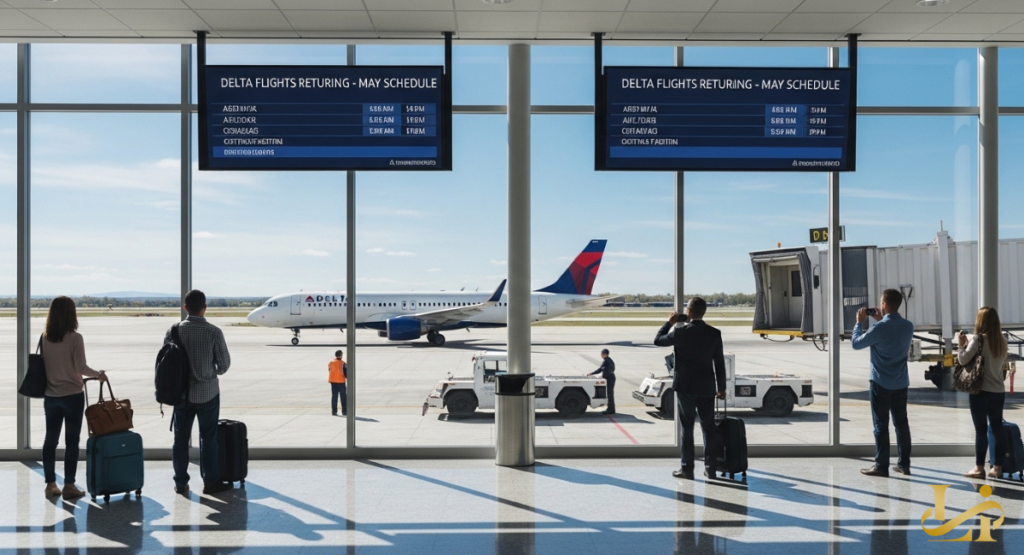Passengers with luggage watch a jet at the gate as overhead monitors display “FLIGHTS RETURNING - MAY SCHEDULE” for a regional airport on a bright, clear day.