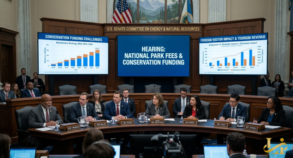 U.S. Senate Committee hearing on national park funding with charts on maintenance backlog. Lawmakers debate economic impact of foreign visitor policies in formal chamber setting.