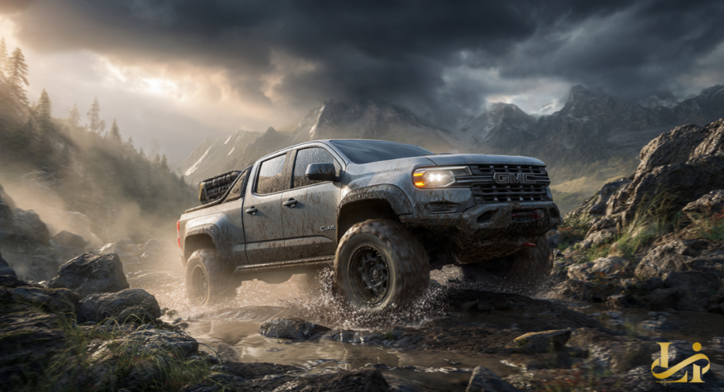 A bold red SUV splashing through a shallow riverbed, surrounded by dense forest and spray from the water.