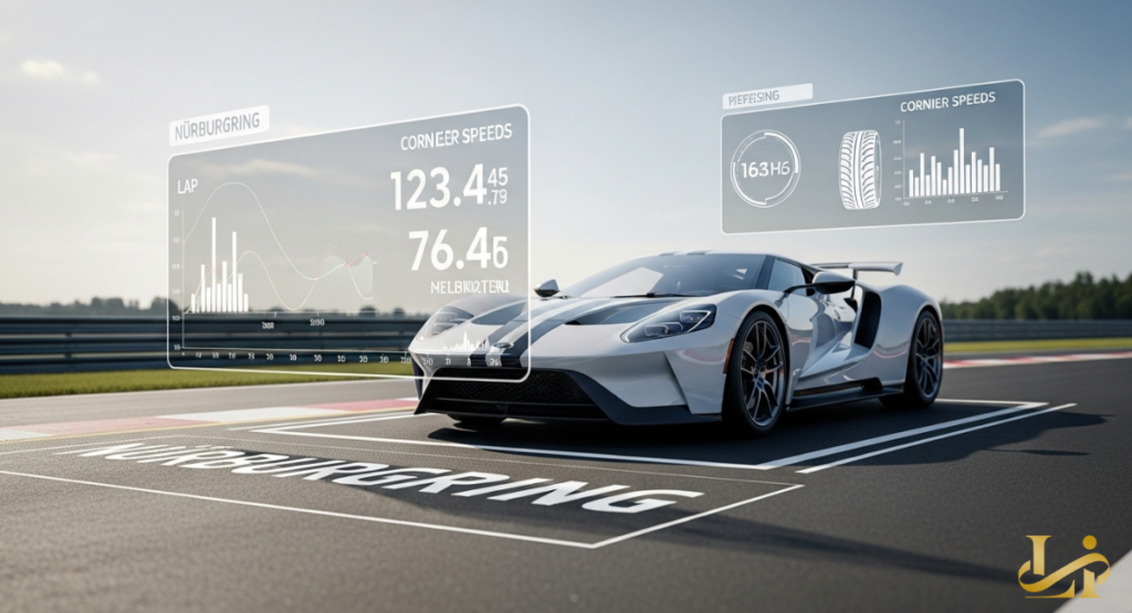 A front three-quarter static shot of a light grey Ford GT race car, complete with dual white racing stripes, parked precisely over the 'NÜRBURGRING' logo painted on the starting grid asphalt. The Nürburgring grandstands and track extend into the soft-focus distance under a hazy sky.