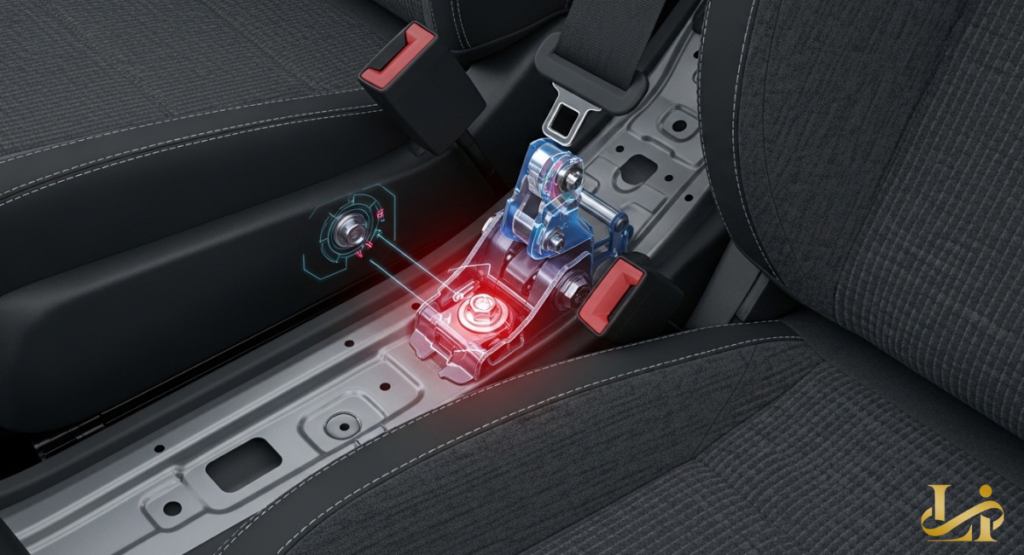 A technical diagram showing the interior pillar of a vehicle where the safety restraint attaches to the frame. This illustration highlights the specific area affected by the Hyundai Seat Belt Anchor Defect for consumer awareness.