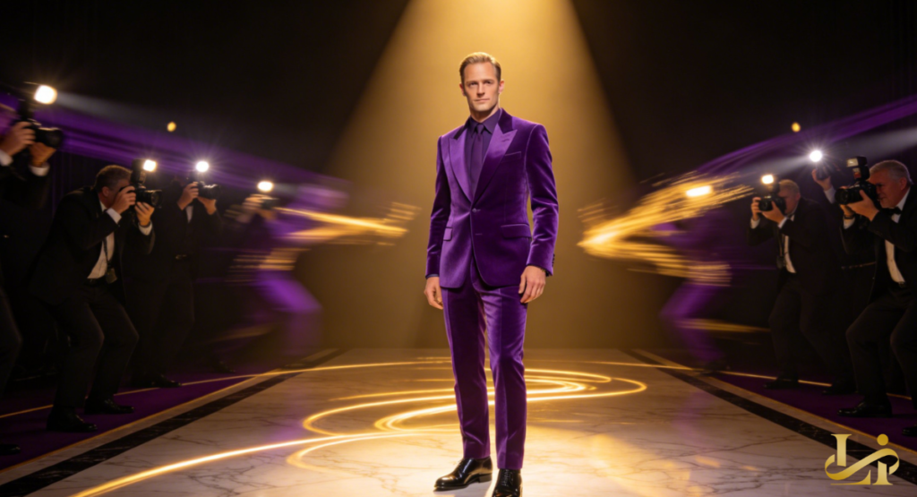 A blond man poses in a vivid purple velvet suit under a golden spotlight. Photographers crouch on both sides as light trails swirl across the floor.