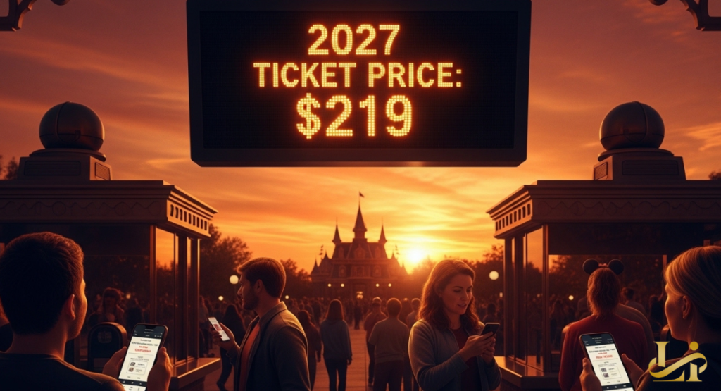 Guests check phones under a glowing digital sign showing “2027 TICKET PRICE: $219” as the sun sets behind Cinderella Castle at the theme park entrance.