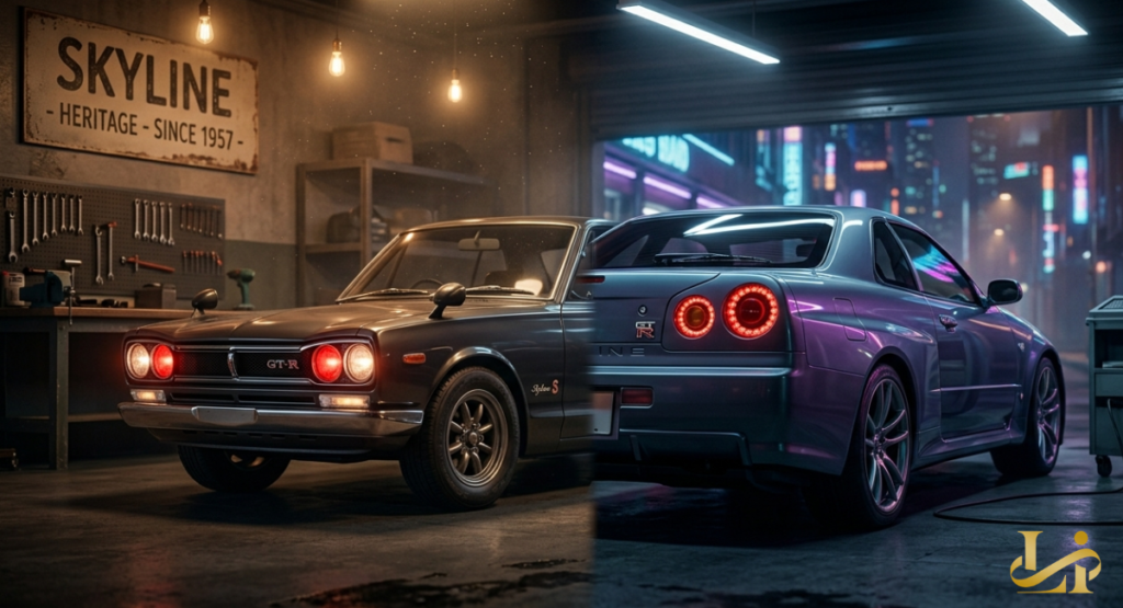 A split-screen comparison showing a vintage 1970s GT-R on the left and a modern high-performance sedan on the right.