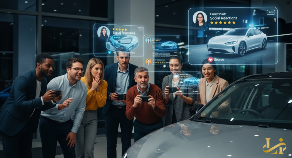 Diverse customers in a showroom react with surprise and excitement while holographic social posts show 5-star reviews.