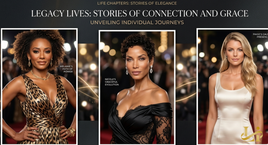 Three elegant portraits show women in evening gowns on red carpets, labeled with phrases “Melanie’s Path of Power,” “Nicole’s Graceful Evolution,” and “Paige’s Calm Presence.”