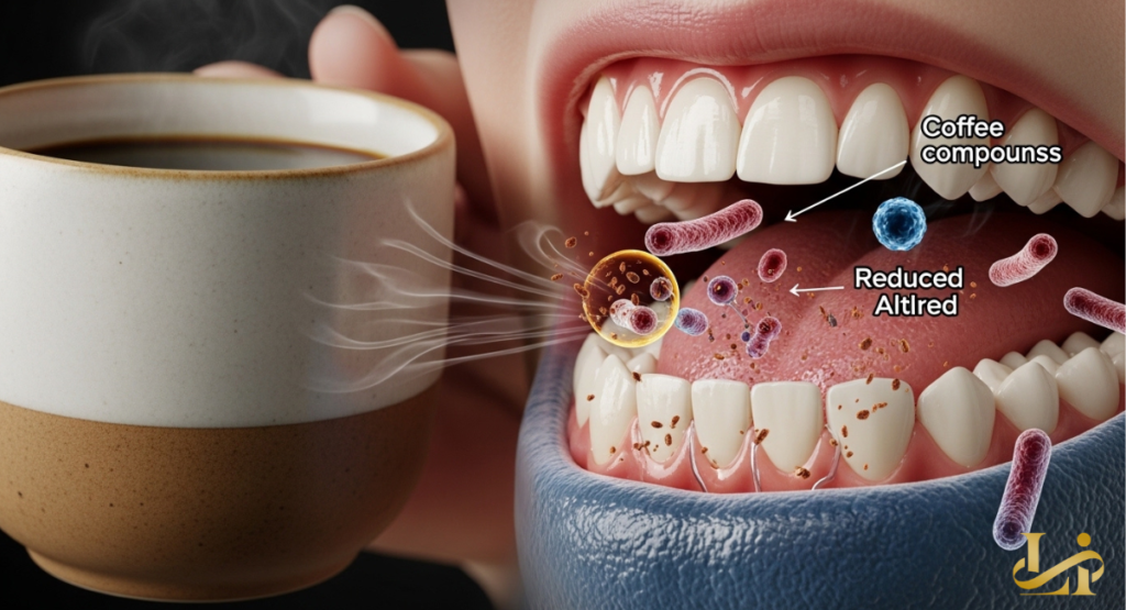 Split view shows a steaming mug beside an open mouth with labeled bacteria and coffee compounds interacting with teeth, tongue, and early digestive enzymes.