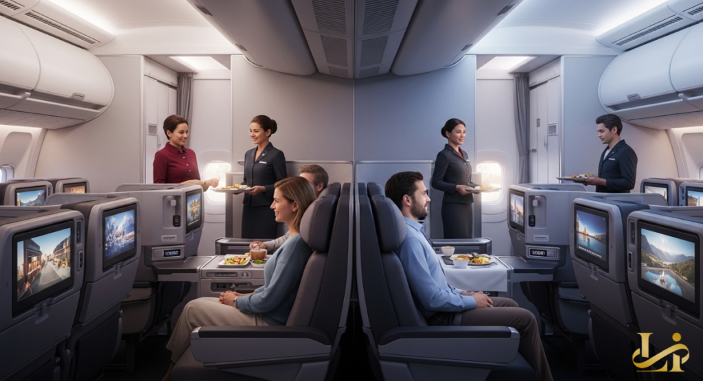 Twin-aisle premium cabin with flight attendants serving meals to seated passengers. Seatback screens and table settings create a polished, symmetrical in-flight scene.