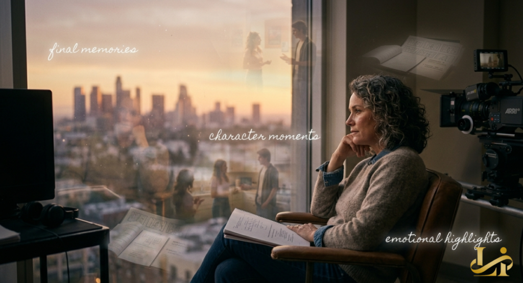 A woman gazes out of a high-rise window at the Los Angeles skyline during a golden-hour sunset.