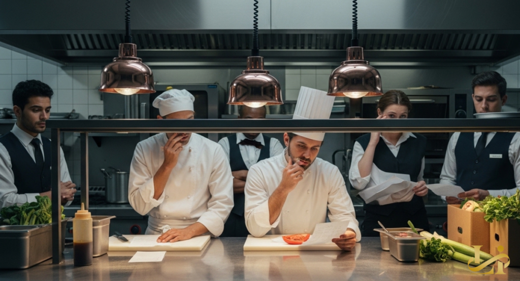 Chefs and servers stand under copper pendant lights in a commercial kitchen, reading papers with concerned expressions.