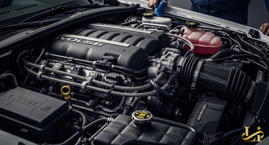 detailed mechanical rendering of a high-performance V8 engine with a visible intake manifold and exhaust headers. The components are shown in a clean, exploded view to highlight the precision engineering.