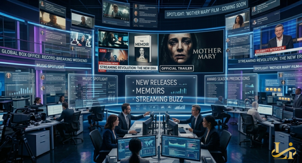 A wide-angle view of a futuristic newsroom or media center with circular screens, monitors, and various news graphics on entertainment and streaming. Michelle Obama spring fashion