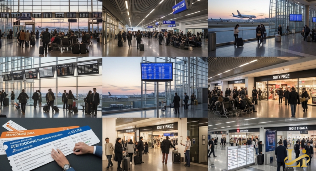 A collage of nine different scenes showing various international airports across Europe and Asia experiencing heavy foot traffic and flight schedule changes.