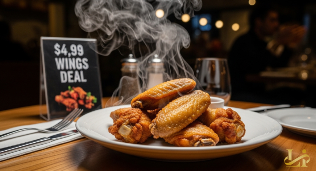 A close-up of a promotional chalkboard sign listing daily specials for wings and drinks priced under five dollars.