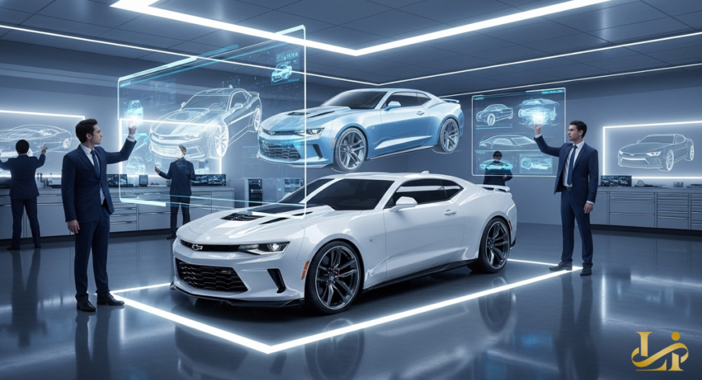 Automotive engineers in suits use holographic interfaces to manipulate a 3D wireframe model of a white sports car in a high-tech lab.