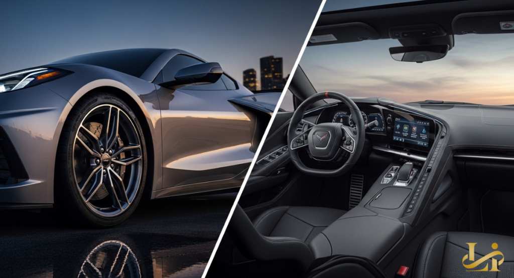 A split-screen graphic showing the updated LED headlight signatures on the left and the driver-focused cockpit on the right. The interior features premium leather stitching and a panoramic digital instrument cluster.