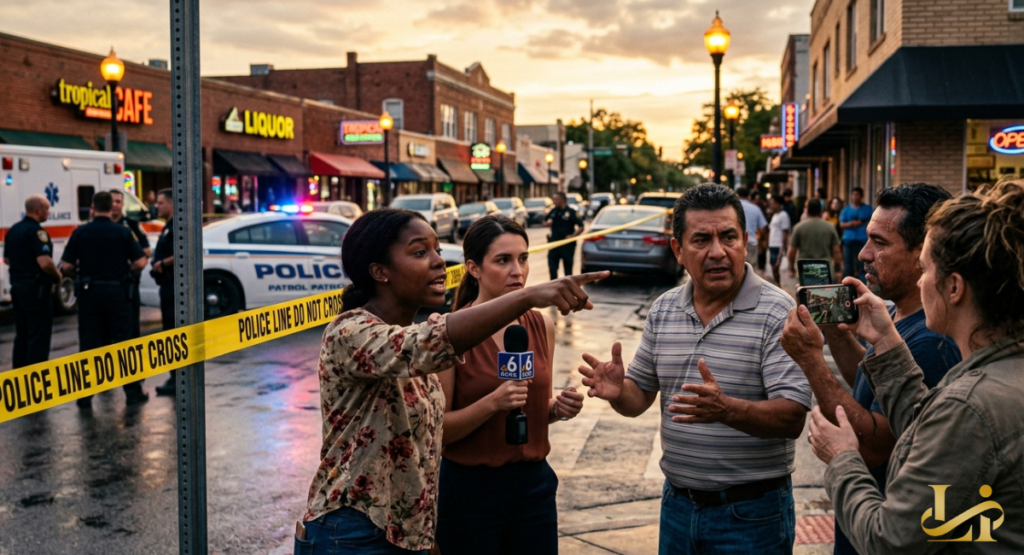 A reporter with a microphone interviews witnesses behind yellow police tape at dusk. Police cars, an ambulance, and onlookers fill a downtown street lined with storefronts.