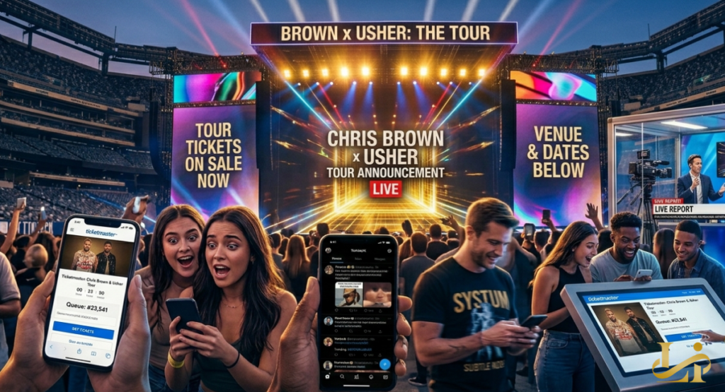 A group of excited fans hold up smartphones showing "Ticketmaster" queue screens and the "Tour Tickets on Sale Now" announcement.