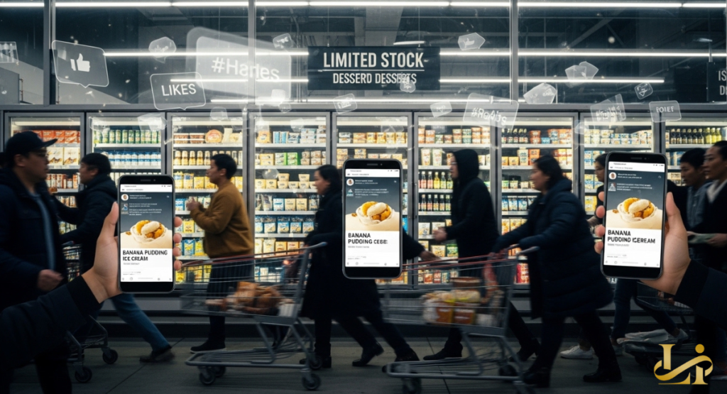 Blurred shoppers push carts past freezer doors under a “LIMITED STOCK” sign while phones in the foreground display social media posts of a creamy dessert.