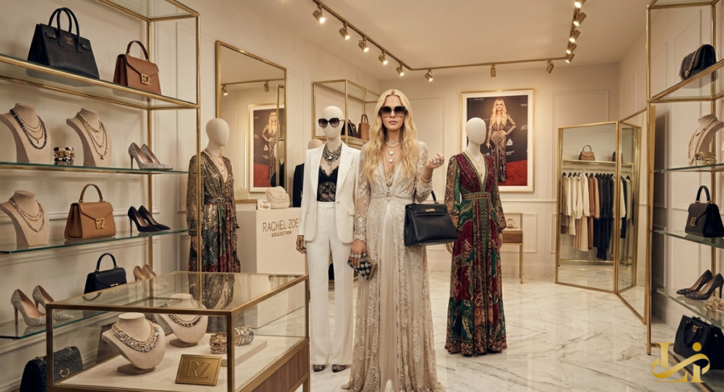 A woman in a shimmering gold gown and oversized sunglasses stands among several faceless mannequins dressed in elegant white and patterned dresses. Gold-framed display cases show off necklaces, bracelets, and designer handbags.