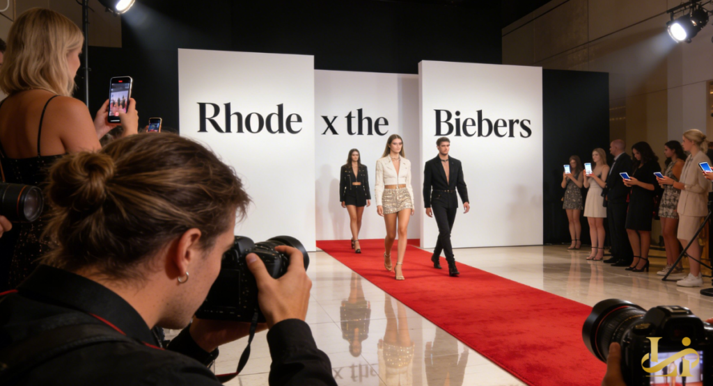 Models walk a red carpet runway between tall white panels while photographers capture the show. Guests line both sides filming on phones under bright spotlights