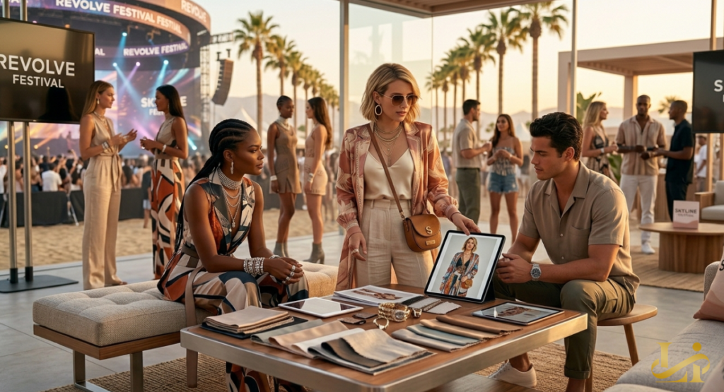 Three people discuss fabrics at a table in a transparent meeting pod; one woman gestures towards a tablet displaying a full-body fashion photograph.