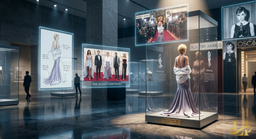 An exhibition space featuring several glowing digital displays, a mannequin in a lavender gown, and posters of Audrey Hepburn in black and white.