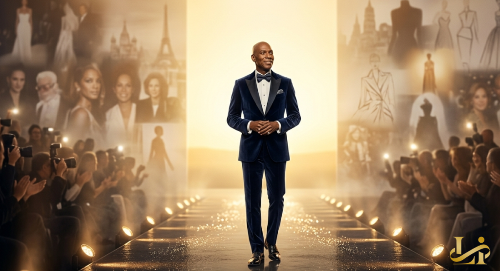 A man in a blue velvet tuxedo stands at the end of a sparkling runway with a collage of memories in the background.