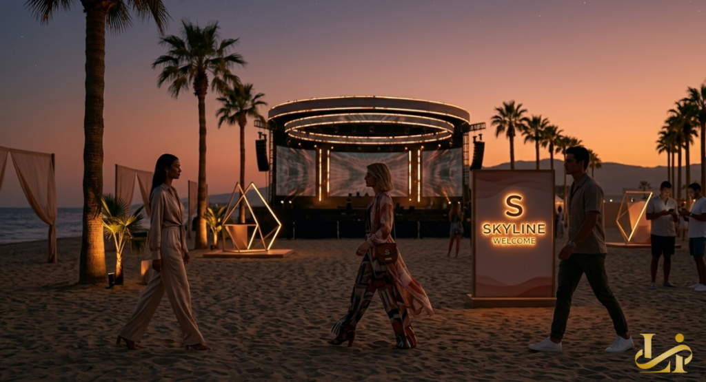 A woman in a patterned robe and pants walks along a beach toward a large, glowing circular stage at dusk; a man in a beige shirt walks in the other direction.