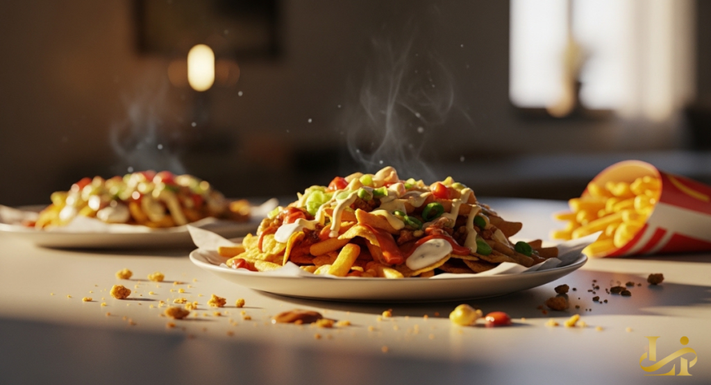 A high-angle flat lay of a partially eaten tray of loaded fries next to a smartphone showing a positive social media review.