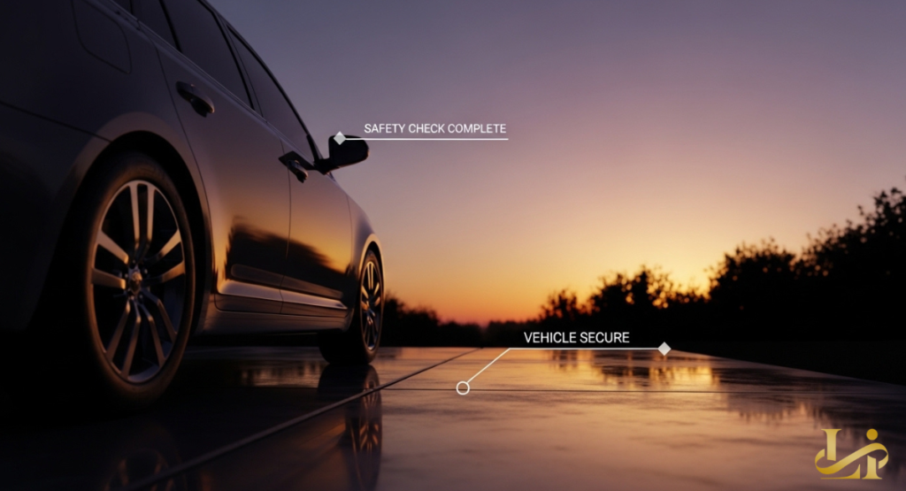 A sleek SUV sits on wet pavement at sunset with floating labels reading “SAFETY CHECK COMPLETE” and “VEHICLE SECURE.”